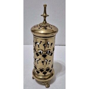 Vintage Brass Camel and Palm Tree Filigree Incense Burner Lidded Footed